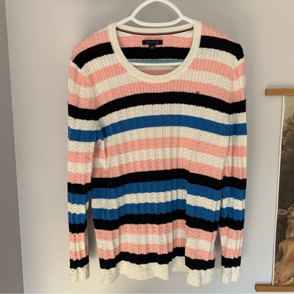 Tommy Hilfiger XL Stripe V Neck Sweater Pink Black Blue